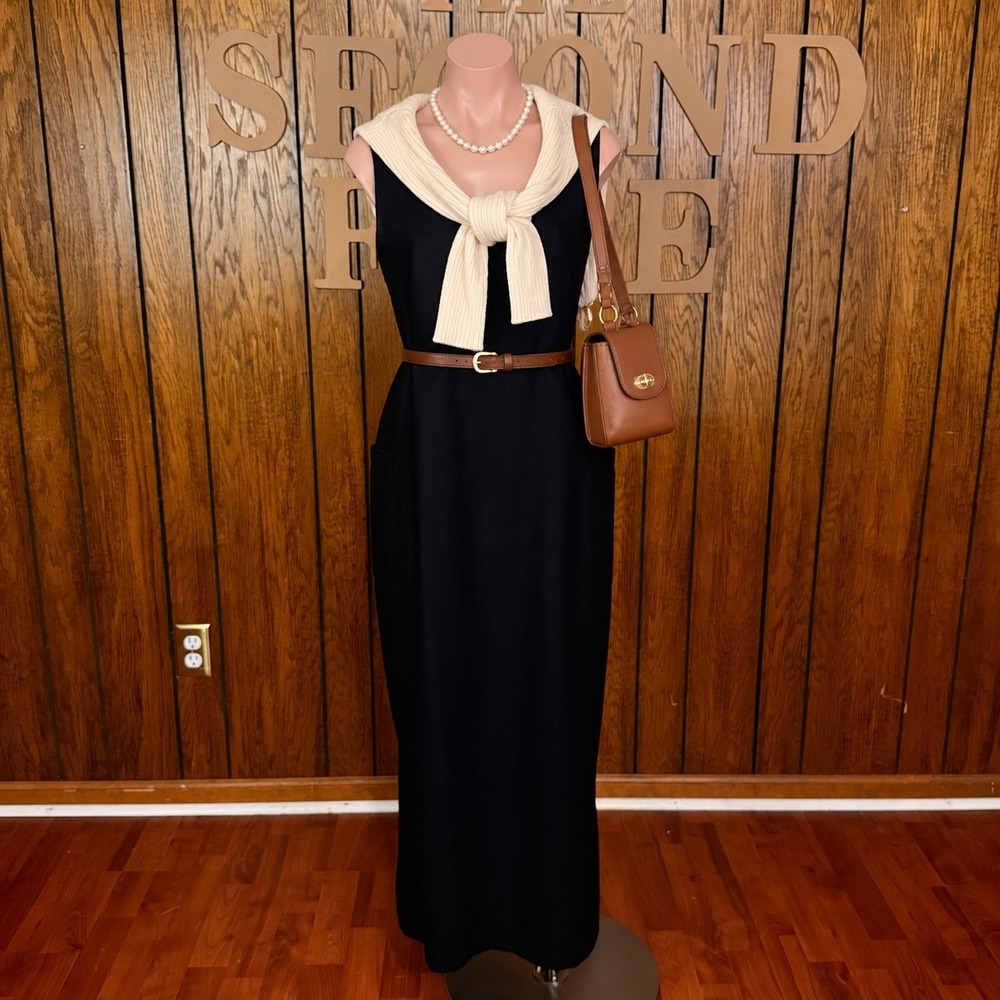 Vintage Black 100% Wool Maxi Dress Harve Benard 8 90s Minimalist Dark Academia